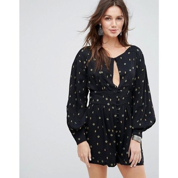 Free People Tops - Free People Love Grows Floral Printed Romper Long Sleeve Black Size XS